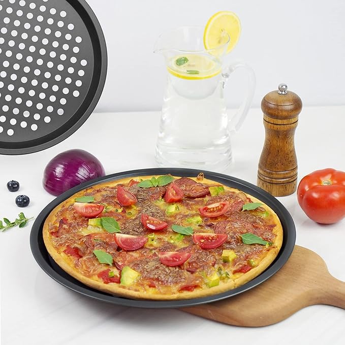 12.6 inch Pizza Pan With Holes, Carbon Steel Perforated Non-Stick Bakeware for Home Kitchen Oven, 2 Pack