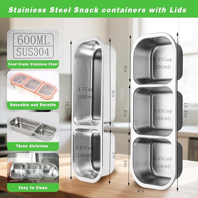 Stainless Steel Snackle Container For Adults, Reusable Bento Lunch Box Snack Containers, 2-3 Compartment Divided Food For Home Work Travel (2 Pack)