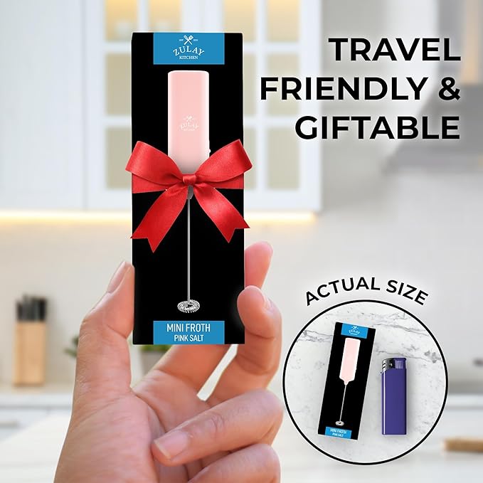 Mini & Mighty Milk Frother Wand – Powerful Handheld Coffee Frother, Battery Operated Drink Mixer – Compact Pocket Size – Detachable Whisk for Latte, Cappuccino, Matcha, Hot Chocolate – Pink Salt