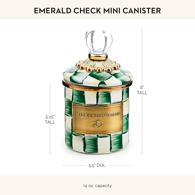 MACKENZIE-CHILDS Mini Enamel Canister, Kitchen Storage Container with Lid, Green-and-White Emerald Check