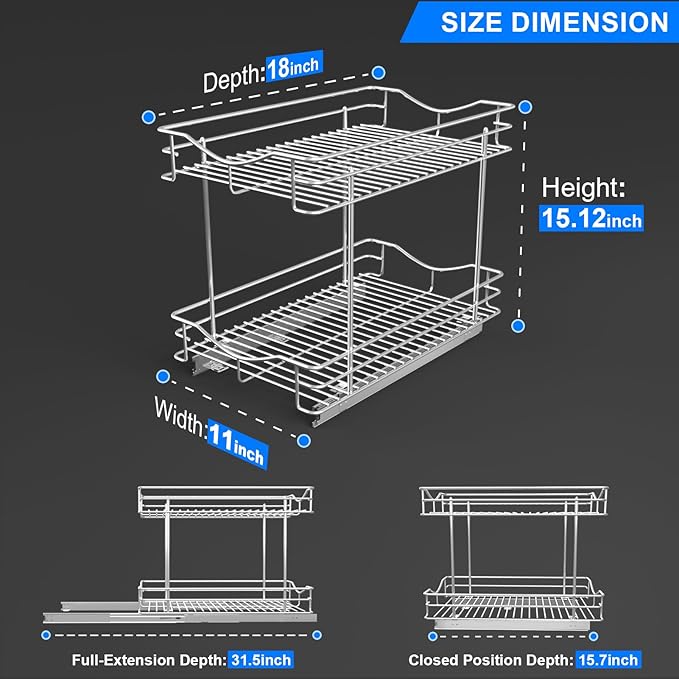 Fulgente Chrome Finish Pull Out Drawers Cabinet Organizer, Professional Large Wire Basket Frame 2 Tier Heavy Duty Slide Out Kitchen Storage Organizations Shelves Sliding Pantry 11"W x 18"D x 15.12"H