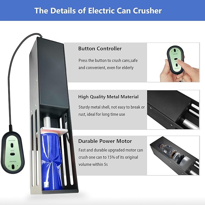 Electric Can Crusher with Button Controller, Automatic Can Crushers for Recycling 8/12/16oz Cans, Auto Cycle Mode, Countertop Can Smasher for Recycling Aluminum Seltzer, Soda, Beer Cans (BLACK)