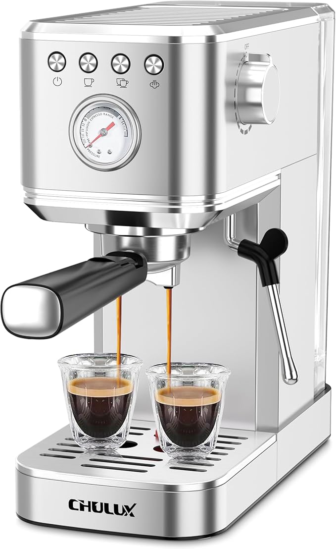 CHULUX Slim Espresso Machine with Milk Frother Steam Wand, 20 Bar Professional Italian Pump Espresso Coffee Machine for Home Cappuccino & Latte Maker, Silver