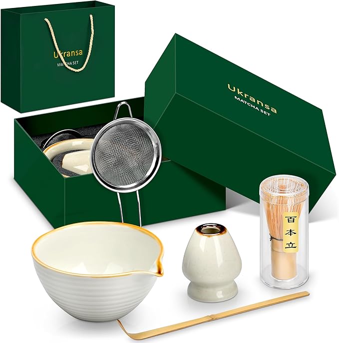Matcha Whisk Set, 5-Piece Complete Matcha Kit with Traditional Ceramic Bowl, Bamboo Whisk, Scoop, Sifter, Holder, Authentic Beginners and Enthusiasts, Ideal Matcha Gift Set in Jade Green