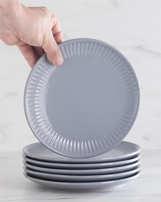 Stoneware Dinnerware Set for 4 People HYGGE 12-Piece - Elegant Scandi Design - Premium Dish Set - Bowl and Plate Set - Tableware for 4 People in a Ribbed Design - Pure Living in Gray-Blue