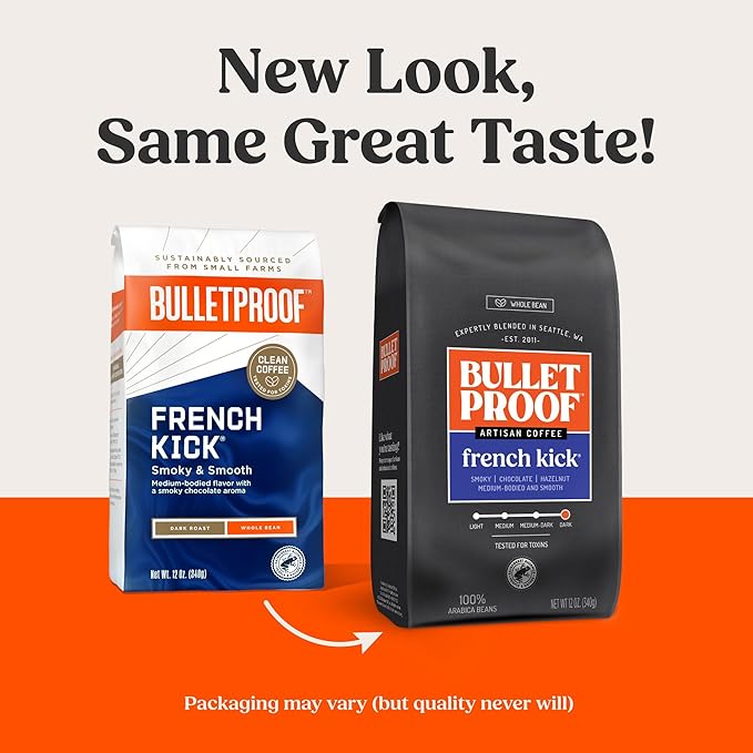 Bulletproof French Kick Dark Roast Whole Bean Coffee, 12 Ounces, Clean Coffee Tested for Toxins, Packaging May Vary