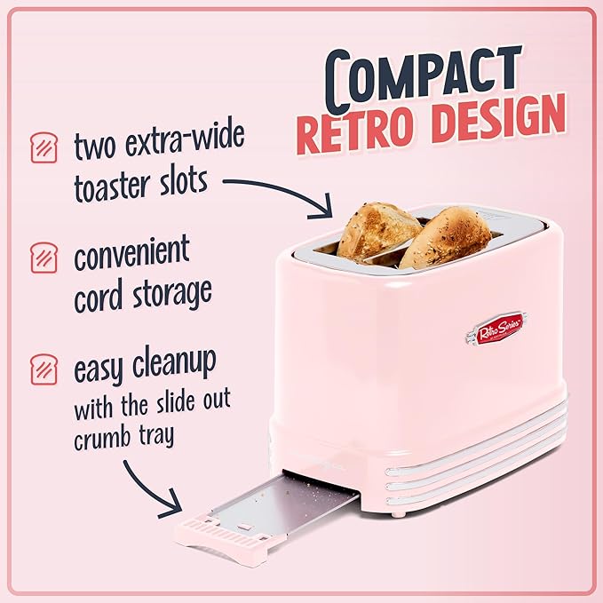 Nostalgia Retro Wide 2-Slice Toaster, Vintage Design With Crumb Tray, Cord Storage & 5 Toasting Levels, Pink