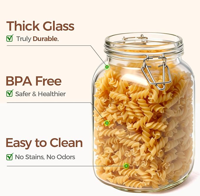 ComSaf Airtight Glass Canister Set of 3 with Lids 50oz Clear Food Storage Jars Square, Kitchen & Pantry Organization Food Storage Container for Canning, Sugar, Flour, Pasta, Candy, Cereal, Coffee