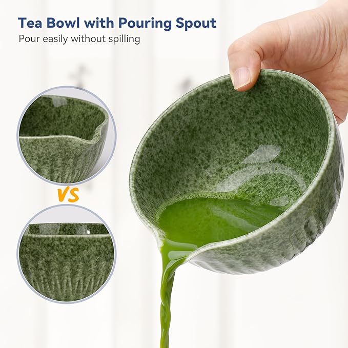 10-Pcs Matcha Kit Set, Whisk and Bowl with Spout & Measuring Spoon, Japanese Tea Making Tools, Complete Matcha Gift Set for Starter, Mottled Green