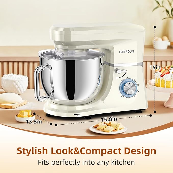 Dough Mixer 8.45 QT Electric Mixer - 660W 6 Speed Large Capacity Kitchen Stand Mixer with Whisk Dough Hook Mixing Beater Household Food Mixer for Baking Cakes Cookie Bread Salad (White)