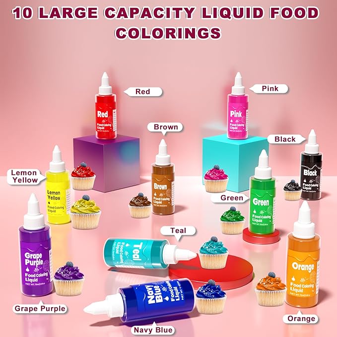 Food Coloring Liquid -10 Colors x 70ml Food Dye Set, Large Capacity Vibrant Edible Paint for Frosting, Cake Decorations, Easter Egg, Baking, Fondant, Slime Making Kit, Easy to Use - 24 Fl. oz