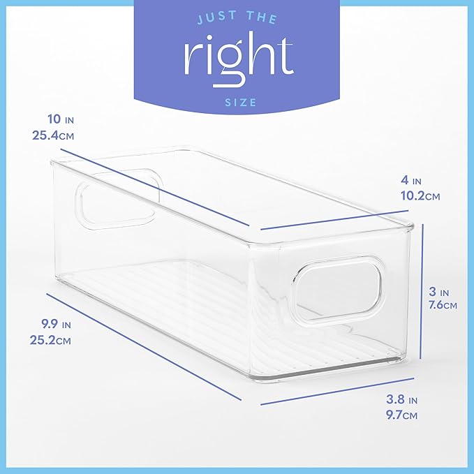 Plastic Food Storage Clear Container Bin with Handles for Organizing Kitchen, Pantry, Refrigerator, Freezer, Pantry, Cabinet, Closet, Bathroom. Stackable 10"X4"3"