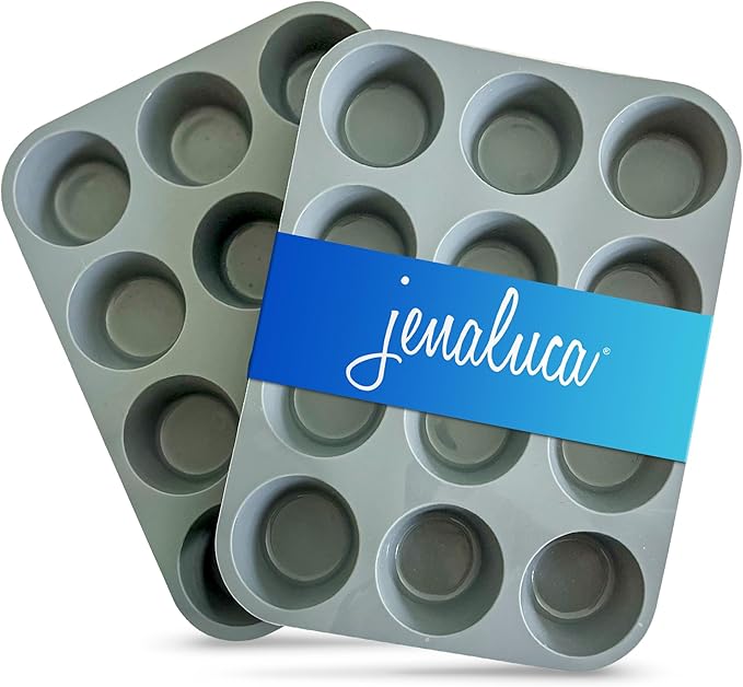 Jenaluca Silicone Cupcake & Muffin Pan for Baking - Set of TWO 12-cup pans, 12x9 Size, Non-stick, BPA Free, Dishwasher Safe - no cupcake liner needed