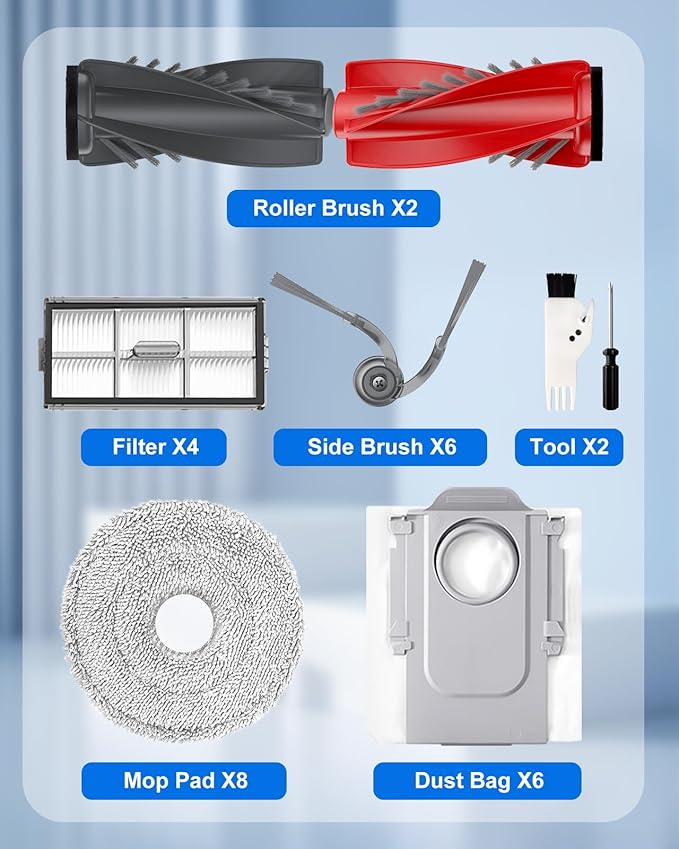 29PCS Replacement Parts Kit for Roborock SAROS 10R/Qrevo CurvX/Qrevo Curv 2 Pro Robot Vacuum: 2 Roller Brushes, 6 Side Brushes, 4 Filters, 8 Mop Pads, 6 Dust Bags| OEM Compatible & Precision Fit