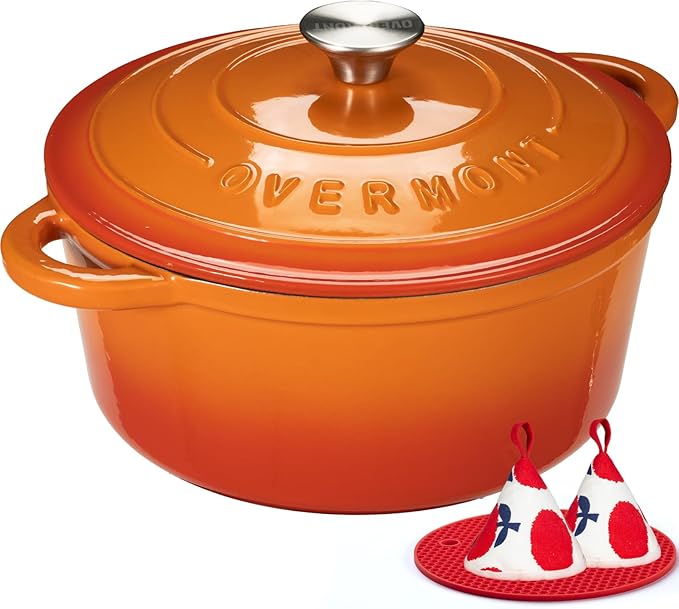 Overmont Enameled Cast Iron Dutch Oven - 5.5QT Pot with Lid Cookbook & Cotton Potholders - Heavy-Duty Cookware for Braising, Stews, Roasting, Bread Baking orange
