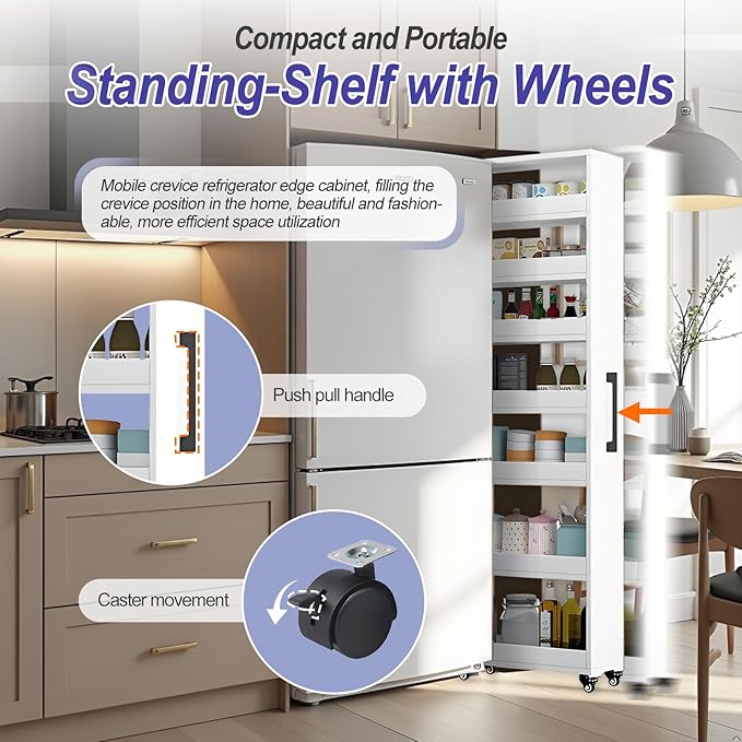 7-Tier Slim Storage Cart, Wooden Rolling Pantry Cabinet with Wheels, Narrow Shelf Organizer for Kitchen, Bakers Rack, Dining Room, Closet, Small Spaces Light Walnut 73.2''H*7.8''W*19.6''D