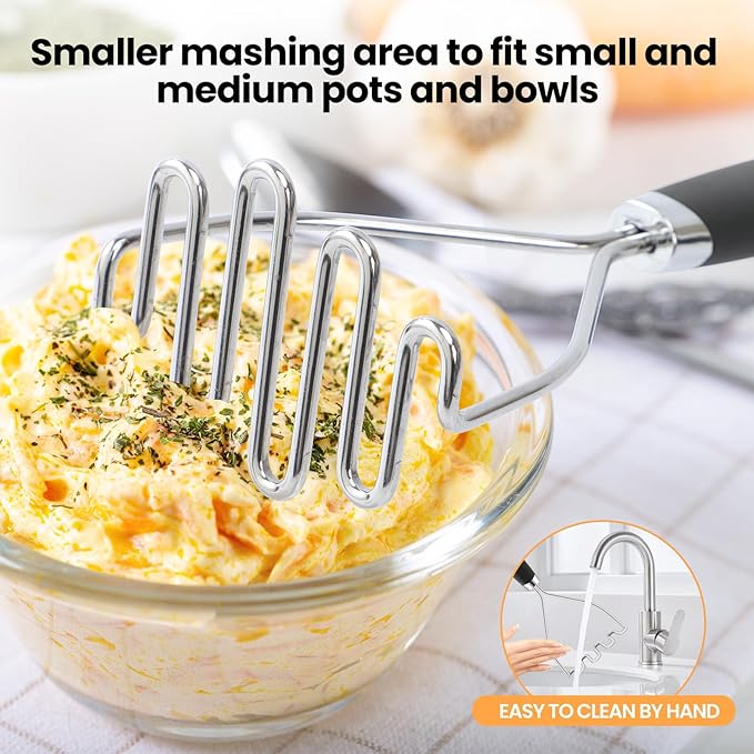 2Pcs Potato Masher, Premium Stainless Steel Mashed Potato Masher Kitchen Tool with Silicone Handle, Integrated & Wire Food Smasher Set for Mashing Potatoes, Veggies, Fruits, Avocado, Meat