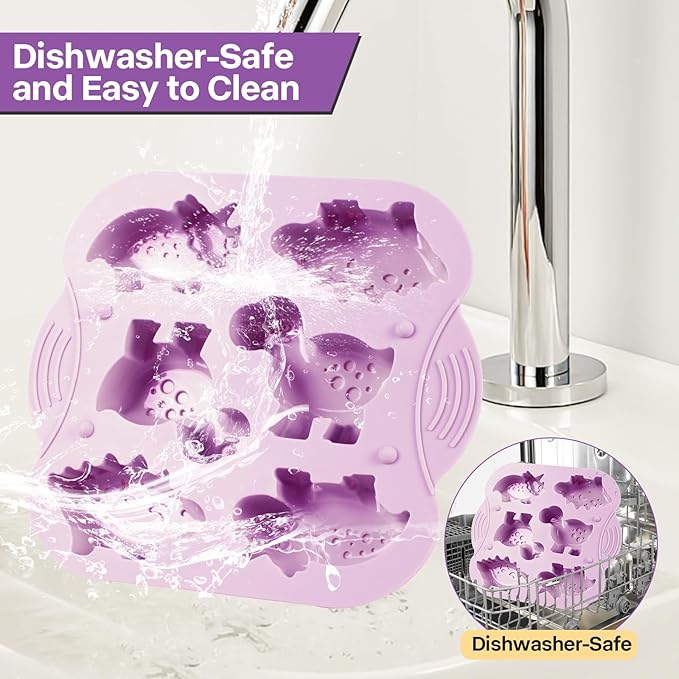 2-Pack Silicone Dinosaur Molds with Lids, Purple Dinosaur Silicone Molds for Chocolate, Baking & Crafting, Multi-Purpose Jello Molds for Kids, Candy, Ice Cubes, Crayons