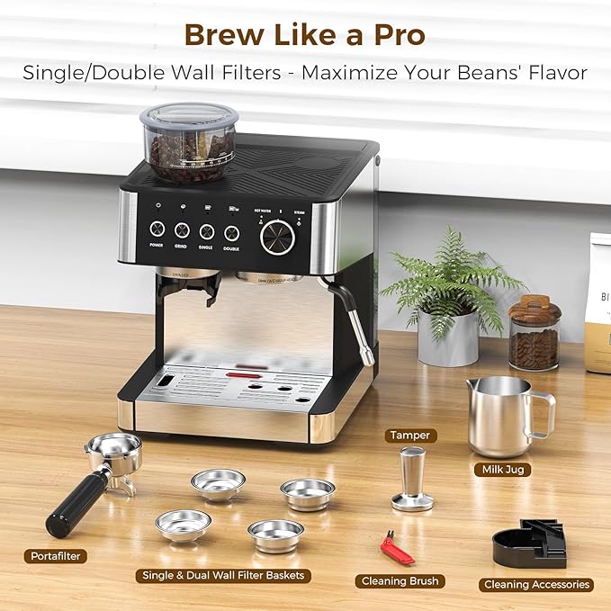 COWSAR (2025 New) Espresso Machines with Built-in Anti-Clog, 20 Bar Expresso Coffee Machines with Milk Frother Steam Wand, Commercial Espresso Machine with Grinder for Latte, Cappuccino, Americano