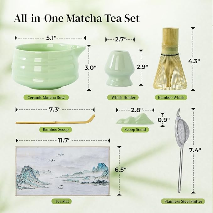 DOWAN Matcha Whisk Set, 7 Pcs Matcha Set Includes Bowl with Spout, Whisk and Holder, Bamboo Scoop and Holder, Sifter and Tea Towel - 7 Pcs Matcha Kit Gift for Lovers Beginners, Christmas (Green)