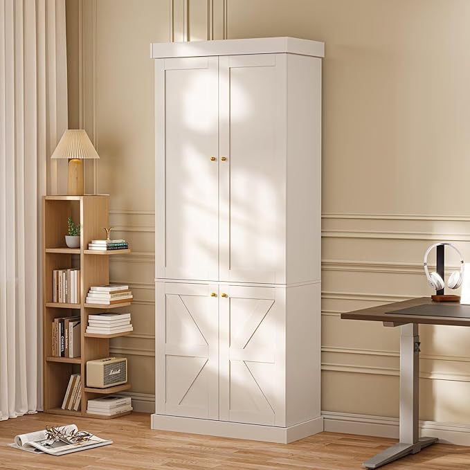 70.8" Tall Farmhouse Kitchen Pantry Cabinet with Glass Doors, Modular Wooden Storage Cabinet with 6-Tier Adjustable Shelves, Hutch for Kitchen or Living Room, White, Set of 2