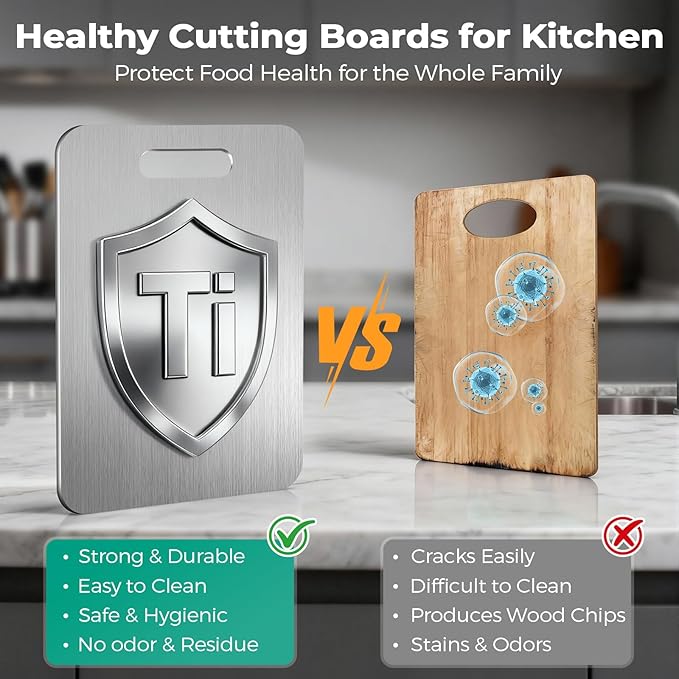Katuchef Titanium Cutting Board - Upgraded 100% Pure Titanium Cutting Boards for Kitchen Non Toxic, Double-Grade Hygiene Durable Non Moldy Dishwasher Safe Meat Fruit Metal Board (1PC 8x11.5 Inch)