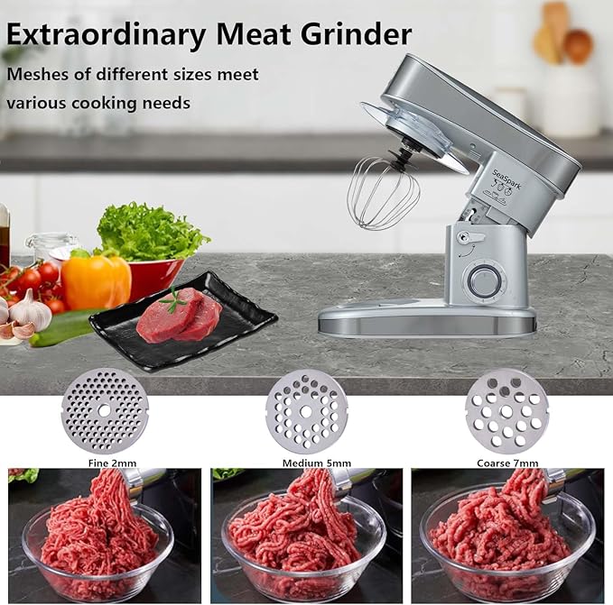 Multifunctional Stand Mixer 6.3Qt 6-Speed Tilt-head, Electric Kitchen Mixer with Stainless Steel Bowl,Meat Grinder, Juice Blender (Silver)