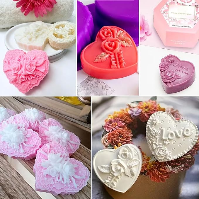 Rose Silicone Molds, AITRAI 4 Types 3D Rose Heart Silicone Molds Heart Soap Molds for Soap Making Cake Candle Chocolate Dessert Handmade Gift for Graduation Wedding Birthday, Purple