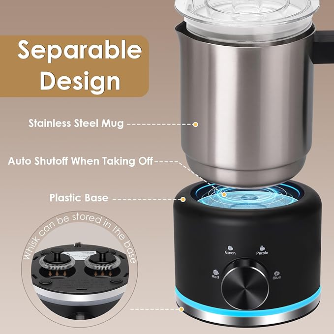 Milk Frother, 16.9 OZ Milk Frother and Steamer, 4 in 1 Electric Milk Frother Dishwasher Safe Durable Silent Frother for Coffee Hot and Cold Foam Maker (Black Stainless)