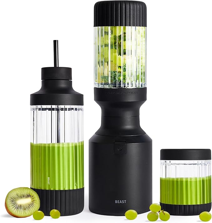 Beast Mighty 850 Plus | Premium Compact Personal Blender | Smoothies, Shakes, Dressings, Sauces | Blends Ice and Frozen Fruit | New XL Vessel | Extra Vessels, Lids and Straws | 850W (Carbon Black)