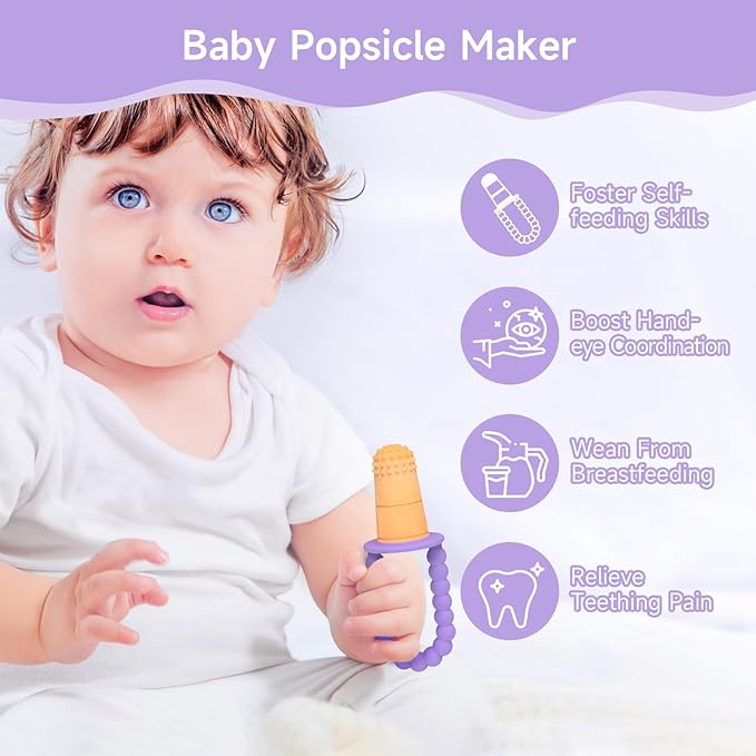 Morlike Baby Tiny Pops, 100% Silicone Popsicle Mold for Infants 4 Months +, Breastmilk Ice Pop Molds Teethers for Teething Relief, Baby Essentials, BPA Free & Dishwasher Safe (Purple)