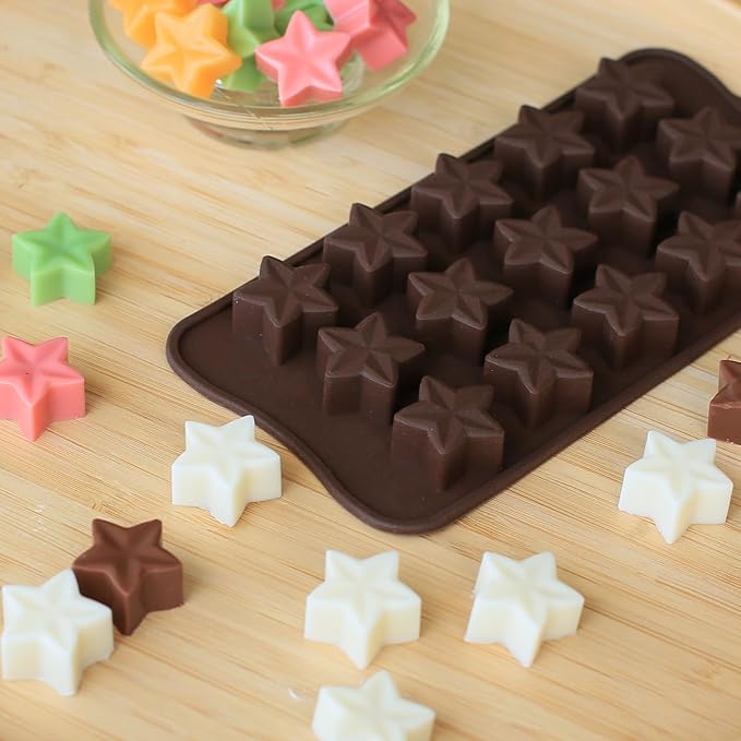 Small Star Chocolate Molds Silicone, Food Grade Silicone Candy Molds for Bite Size Gummy/Jelly/Fruit Snacks, 15 Cavities Mini Star Mold for Soap/Candle/Wax Melt, 2 Pcs