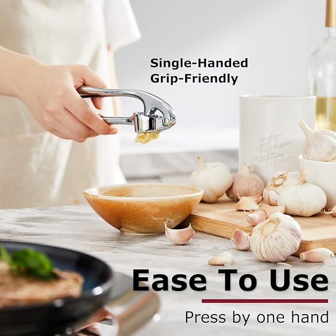 Kitessensu High Effective Premium Garlic Press Set, With Silicone Garlic Peeler & Brush, Heavy Duty Garlic Mincer, Easy to Squeeze and Clean, Rust Proof & Dishwasher Safe - Gloss Silver