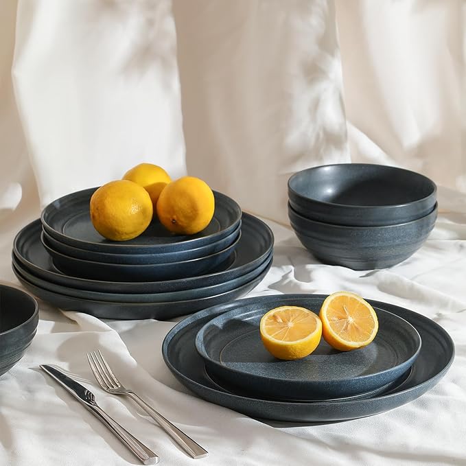 Stone Lain Elio 24-Piece Dinnerware Set Stoneware, Plates and Bowls Set, Dish Set for 8, Blue