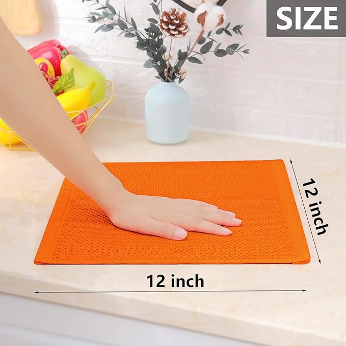 Homaxy 100% Cotton Waffle Weave Kitchen Dish Cloths, Ultra Soft Absorbent Quick Drying Dish Towels, 12 x 12 Inches, 8-Pack, Orange