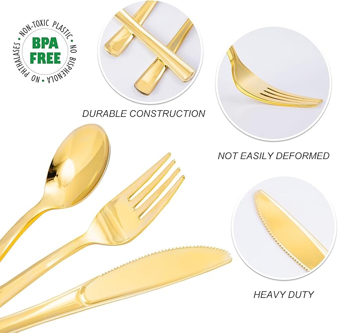 N9R 200PCS Gold Plastic Silverware Set, Heavy Duty Spoons and Forks Silver Plastic Cutlery Including 100pcs Forks, 50pcs Spoons, 50pcs Knives, Disposable Silverware for Party,Wedding, and Everyday Use