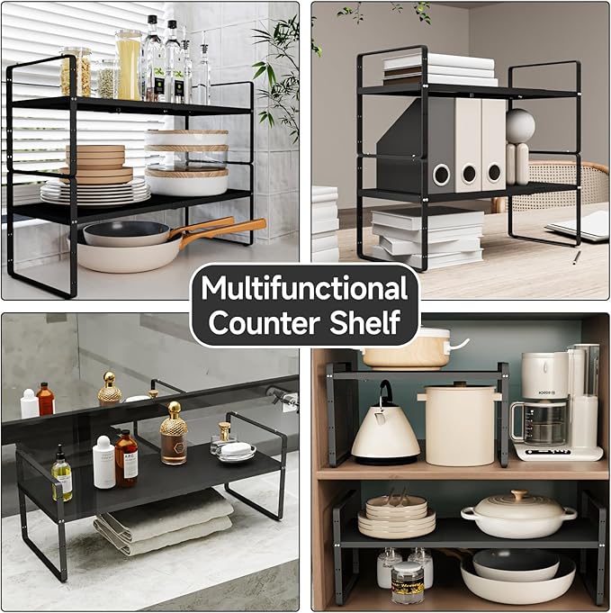 2Pack 16.5-27’’L Expandable Cabinet Shelf Organizers, Stackable Metal Shelves Extender for Kitchen Countertop Storage, Adjustable Spices Shelves Rack Stand for Cupboard Pantry, Black