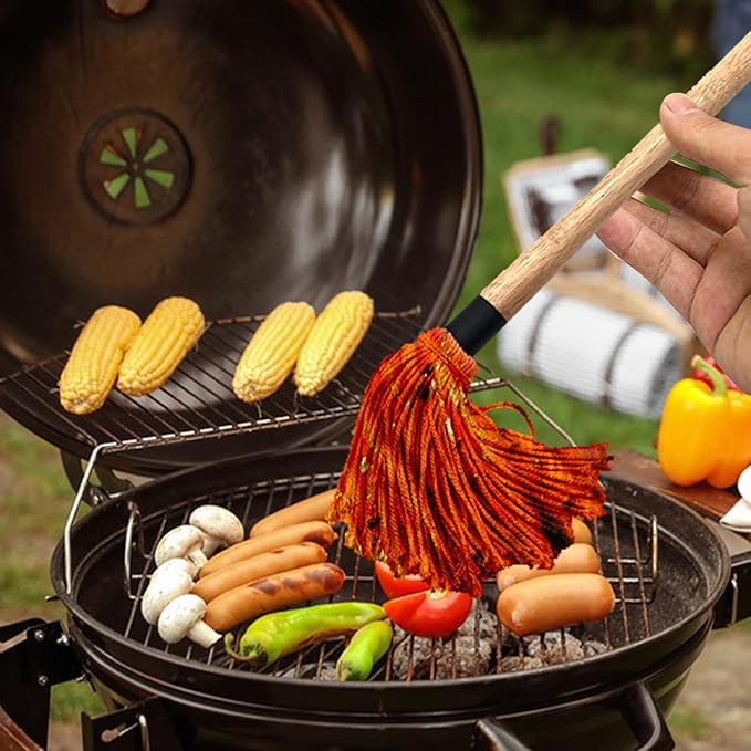 GEEKHOM Grill Basting Mop, Grilling Basting Mops Brushes with Long Wood Handle and Replacement Heads BBQ Sauce Brush for Barbecue Baking Smoking Roasting Steak Cooking, 18+14inch
