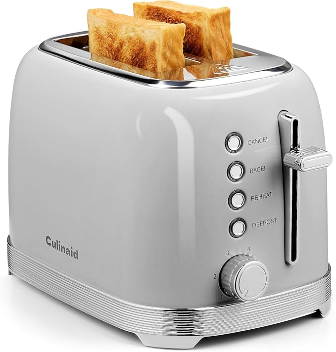 Toaster 2 Slice Retro Stainless Steel with 1.5” Extra Wide Slots Bagel, Defrost, Reheat, Cancel Functions, 6 Bread Shade Settings, Removable Crumb Tray, Gray
