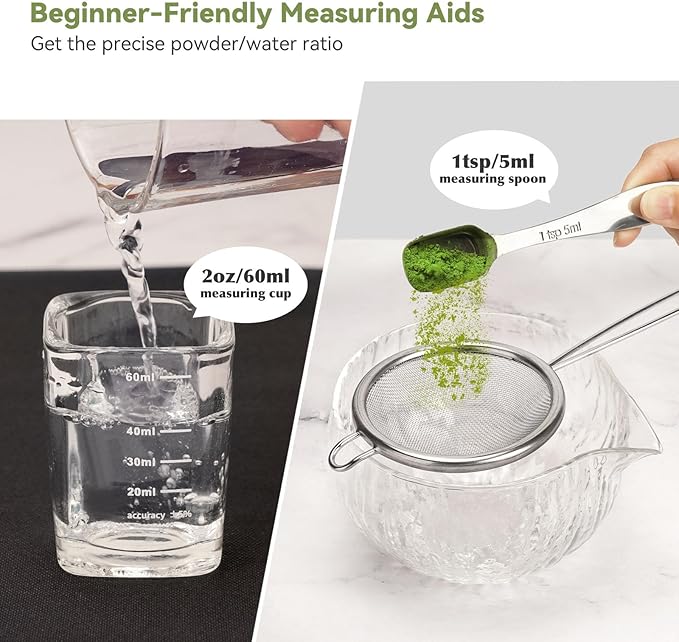 10-Pcs Matcha Kit Set, Whisk and Bowl with Spout & Measuring Spoon, Japanese Matcha Tea Making Tools, Transparent Textured Glass