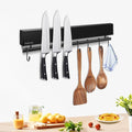 12 Inch Magnetic Knife Holder with 5 Hooks, No Drilling Black Magnetic Strip and Utensil Hanger for Wall