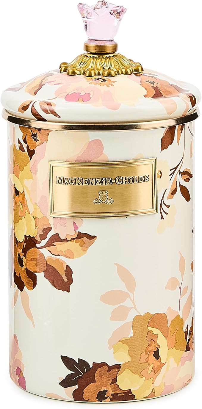 MACKENZIE-CHILDS Enamel Canister, Kitchen Storage Container with Lid, Large, Wild Rose White