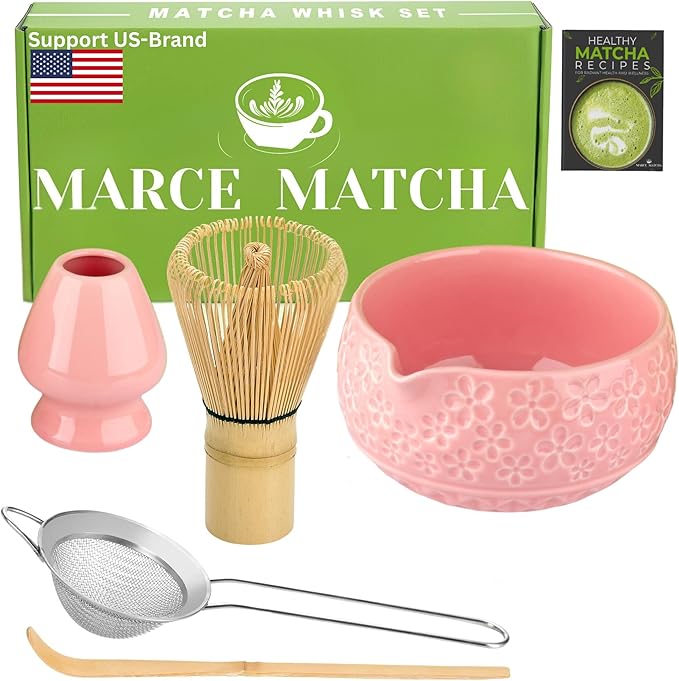 Matcha Whisk Set- Matcha Set includes Matcha Whisk and Bowl with Spout, Sifter, Holder and Scoop- The Perfect Bamboo Whisk for Matcha Tea (Rose Pink)