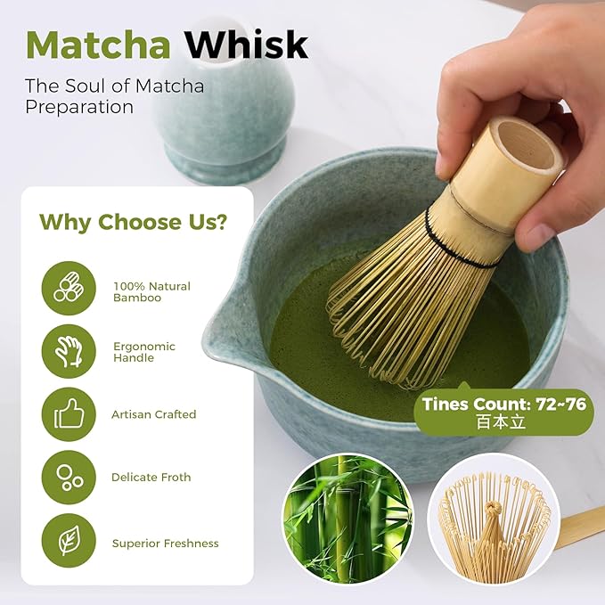 Matcha Whisk Set - Bamboo Whisk and Holder, Bowl with Spout (17 oz), Matcha Sifter and Scoop, 5 Pcs Cute Matcha Kit Set Gift for Matcha Lovers (Bluish Green)