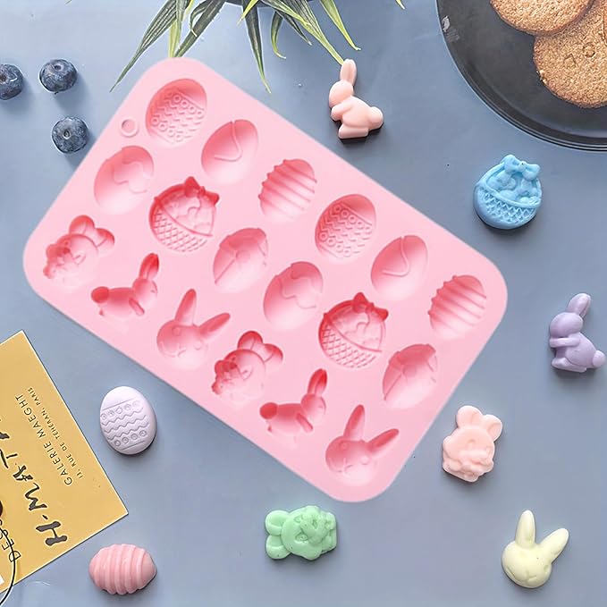 2 Pcs Easter Silicone Chocolate Molds, 18 Cavity Mini Bunny Egg Candy Molds Design for Making Jellies, Soft Candy, Ice Cubes, Wax Melts, Soaps, Resin etc Cake Decoration