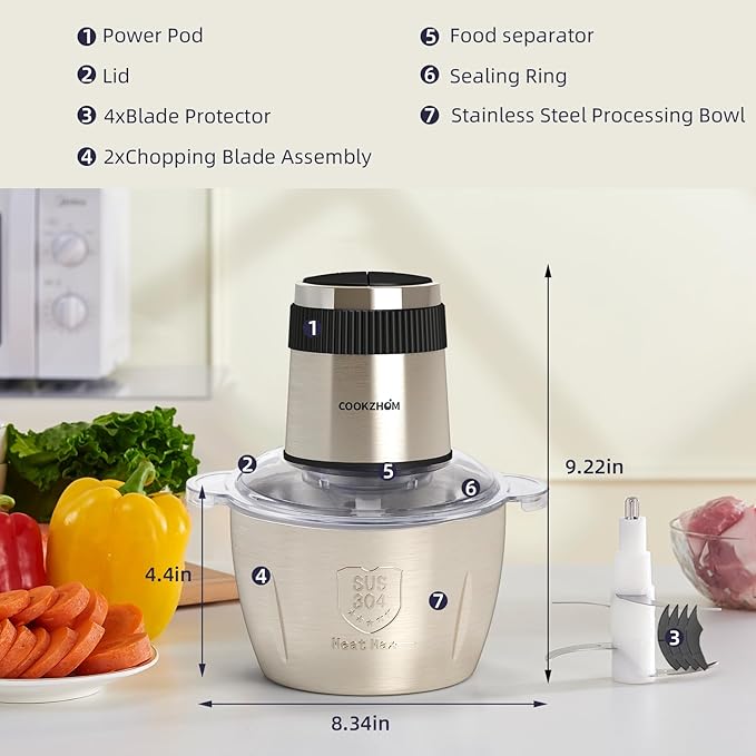 Food Processor,Electric Food Chopper with 500W Stainless Steel Motor & 2 Sharp Blade Sets, 8-Cup Stainless Steel Bowl for Meat, Vegetables, Fruits and Nuts
