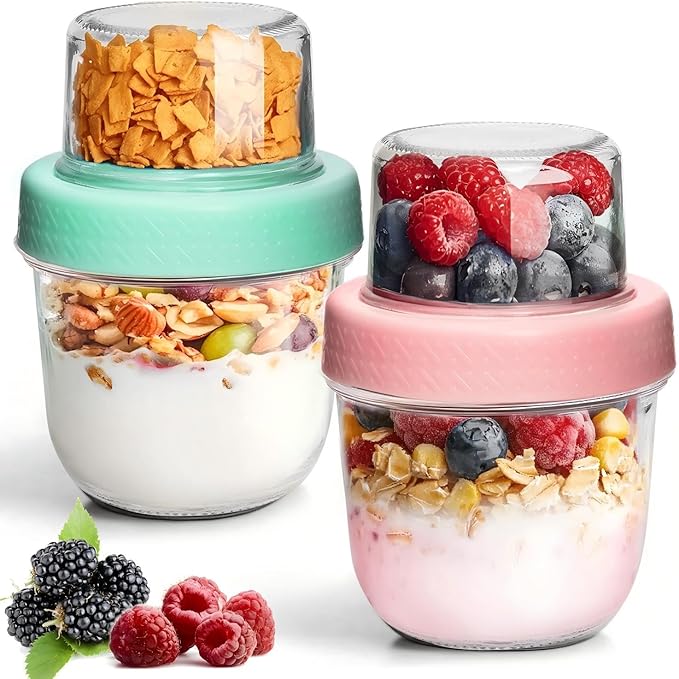 ComSaf Overnight Oats Containers with Lids (8oz+4oz, 2Pcs), Glass Yogurt Parfait Cups for Cereal Nut Fruit, Dual-Layer Chia Pudding Jars Reusable, Small Mason Jars for Salad, Meal Prep, Snack, Oatmeal