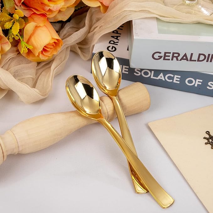 Liacere 360Pcs Plastic Spoons - 6.7 inch Heavy Duty Plastic Spoons-Heavyweight Gold Disposable Spoons-Gold Silverware for Halloween &Chrismas And Daily Using&Thanksgiving