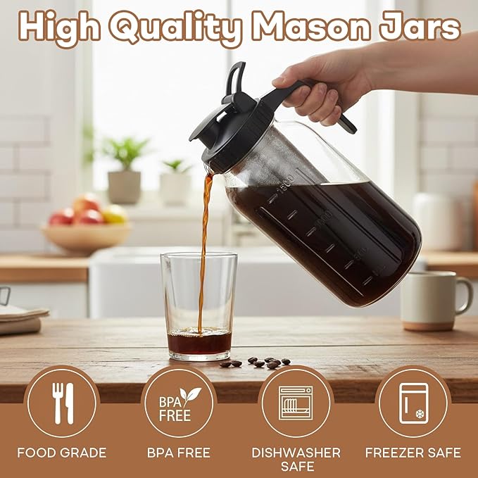 64oz Mason Jar Cold Brew Coffee Pitcher with Stainless Steel Filter & Pour Spout Lid – Airtight Glass Iced Coffee Maker for Tea, Lemonade, Juice – Easy Clean & BPA-Free (1.9L)