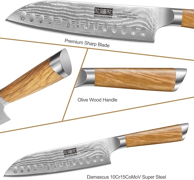 HOSHANHO Damascus Kitchen Knife Set 3-Piece, Ultra Sharp 8" Chef Knife, 7" Santoku Knife, 3.75" Paring Knife, Professional 10Cr15CoMoV Damascus Super Steel Chef Knife Set with Ergonomic Handle